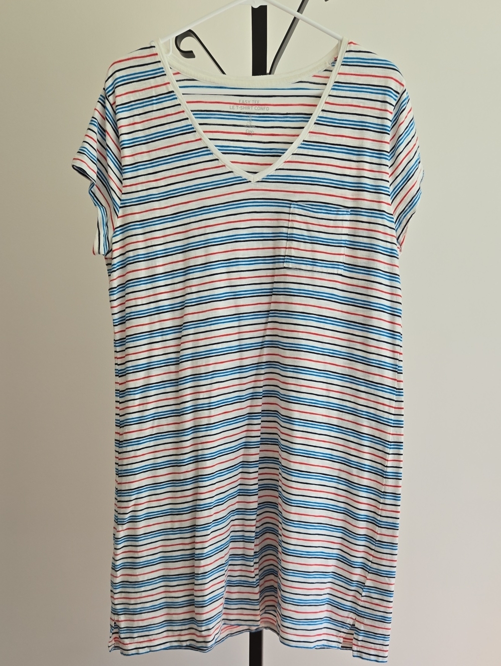 GAP White V-Neck Striped Sleep Tee with Red & Blue Lines